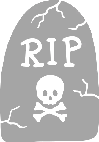Grey rounded tombstone marked “RIP” with a white skull and crossbones.