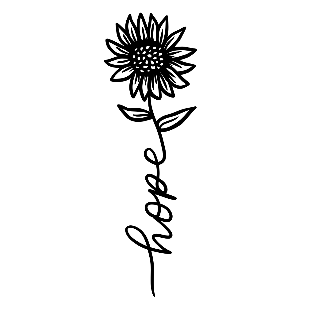 Fine black line drawing of a single stemmed flower with the word “Hope” running vertically beside it.