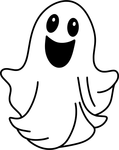 Simple black-outlined ghost with oval eyes, an open smile and small waving arms.
