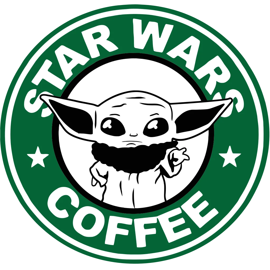 Round green-and-white coffee badge with small stars and a cartoon figure in the centre.