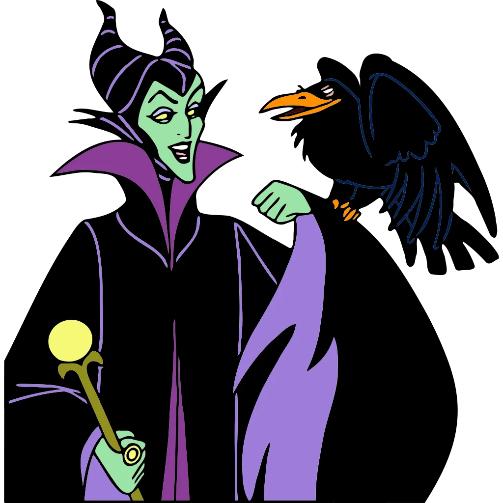 Purple-and-black horned witch holding a glowing orb beside a black raven.