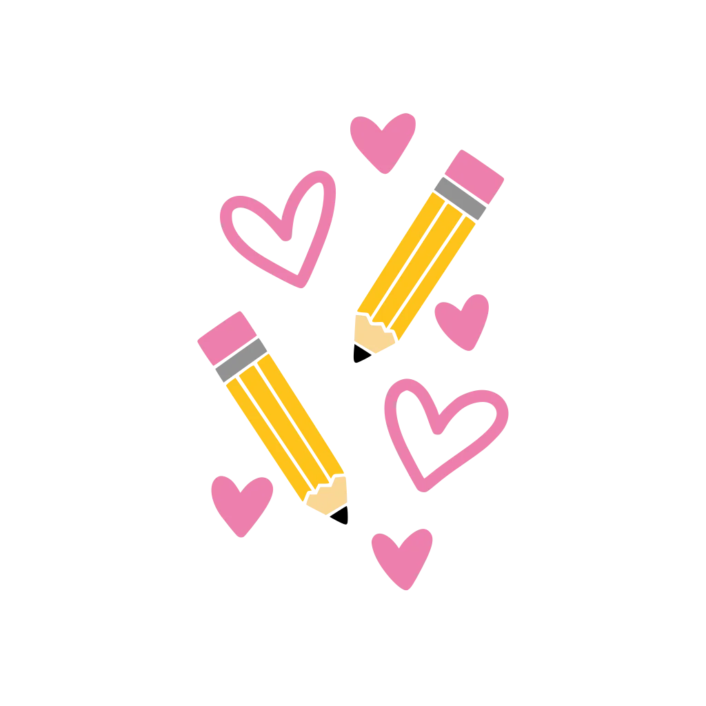 Two pink-and-yellow pencils crossed among small outlined hearts.