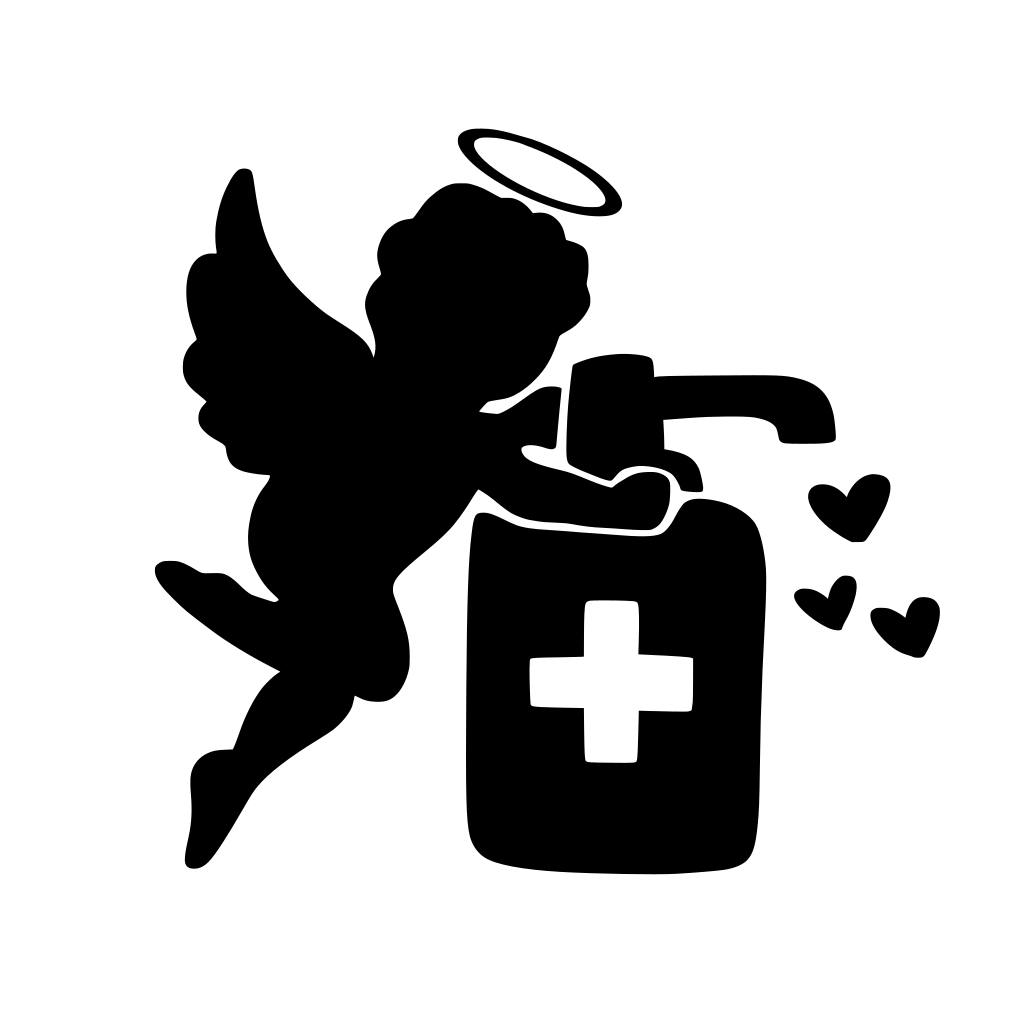Black silhouette of a winged figure holding a bottle marked with a white medical cross.