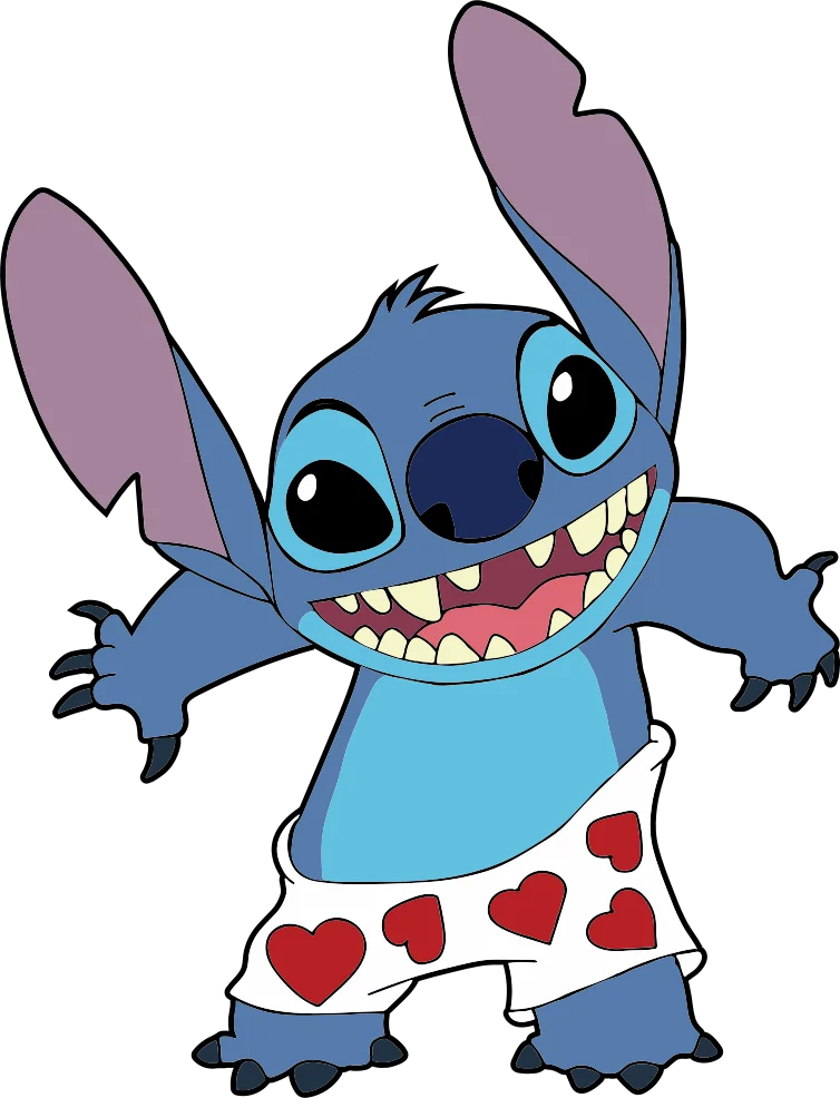 Blue cartoon character with long ears, wearing a white outfit patterned with red hearts.