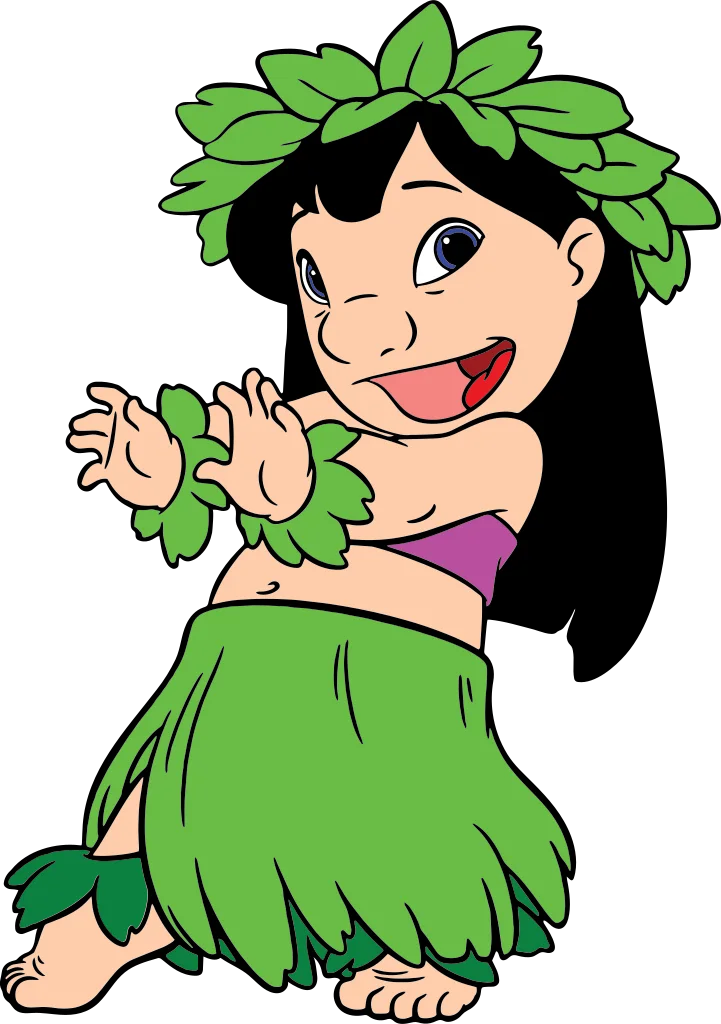 Cartoon woman with long dark hair wearing a green leafy top and layered grass-like skirt.