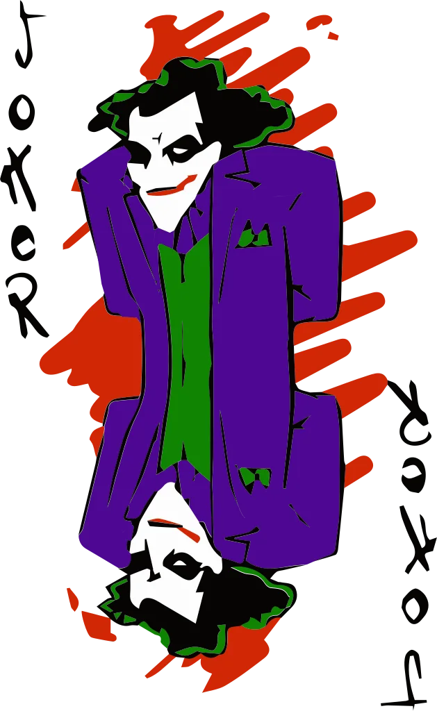 Tall purple-and-green composition with two illustrated clown-like faces and scattered suit symbols.
