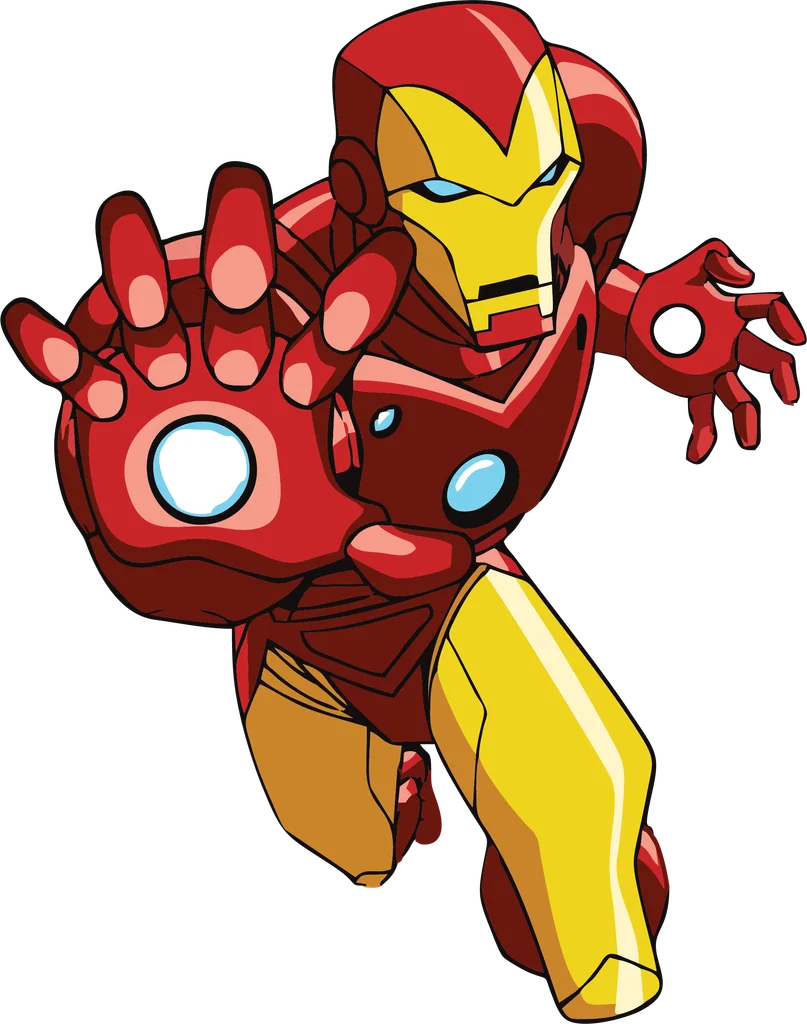 Red-and-gold armoured cartoon figure with a glowing circular detail in the chest.