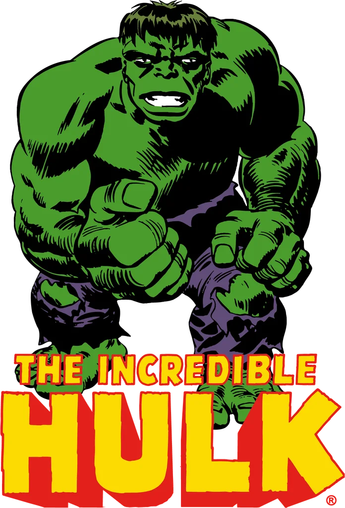 Muscular green cartoon figure above large yellow and red block lettering.