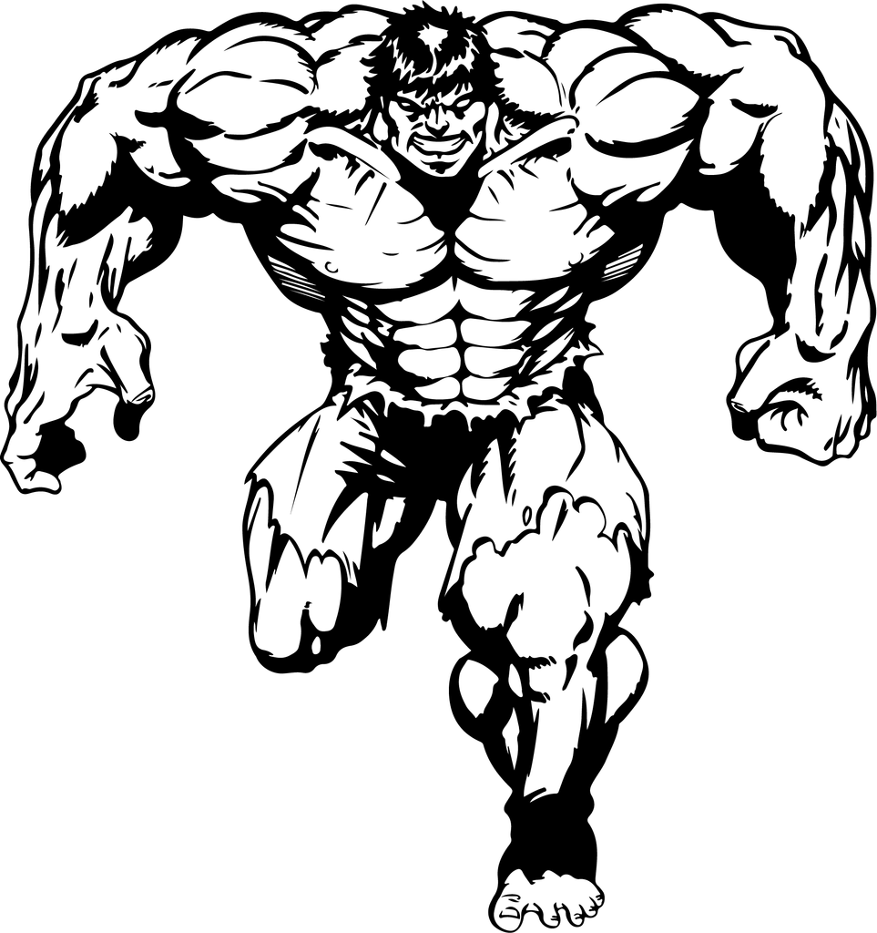 Monochrome illustration of a muscular figure standing with both arms raised.