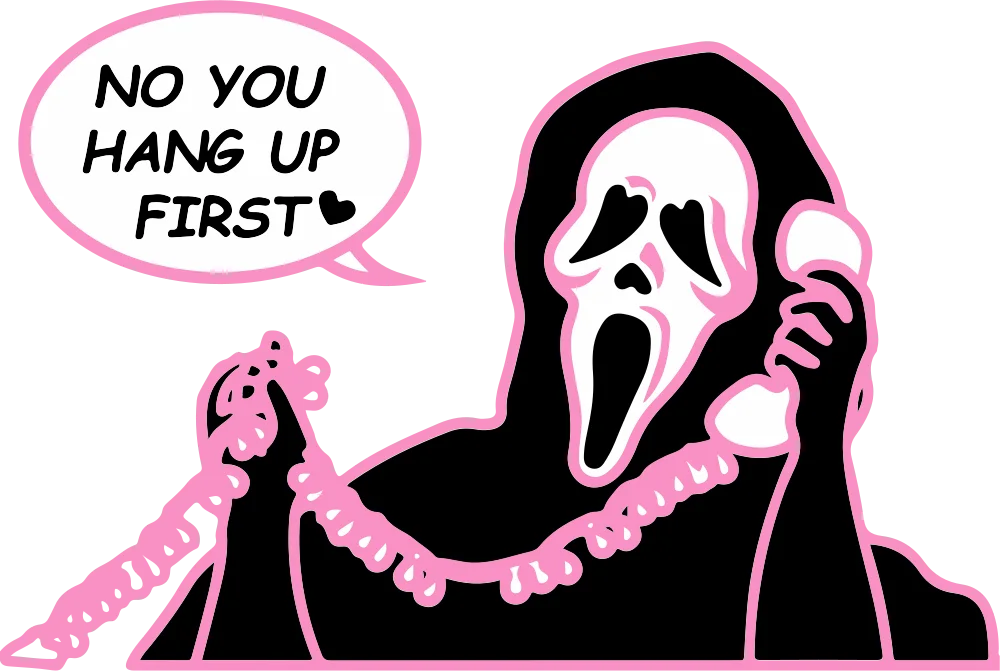 Pink-and-black figures beneath a speech bubble reading “No you hang up first,” with a red heart.