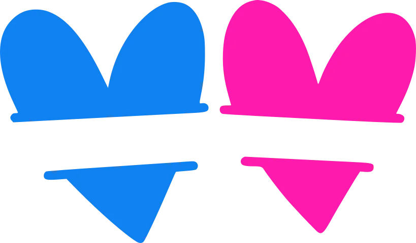 Blue and magenta paired shapes, with two rounded upper pieces over matching pointed triangular pieces.