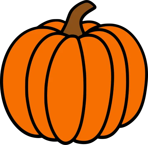 Simple bright orange pumpkin with a curved stem and bold black outlines.