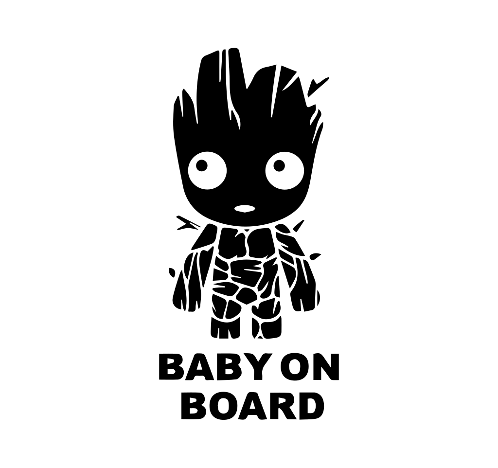 Small dark tree-like cartoon figure above the words “Baby on board.”