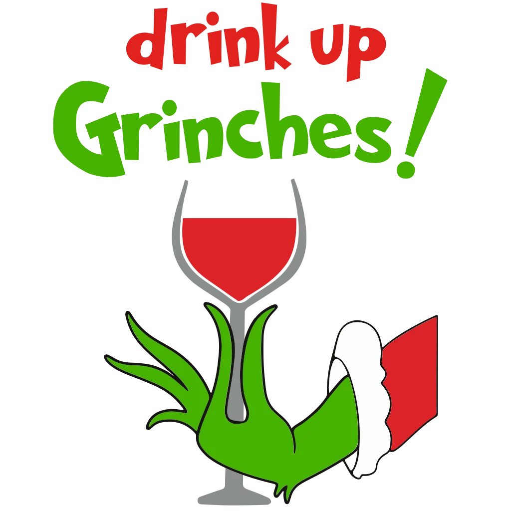 Green and red holiday lettering beside a red stemmed glass with playful green details.