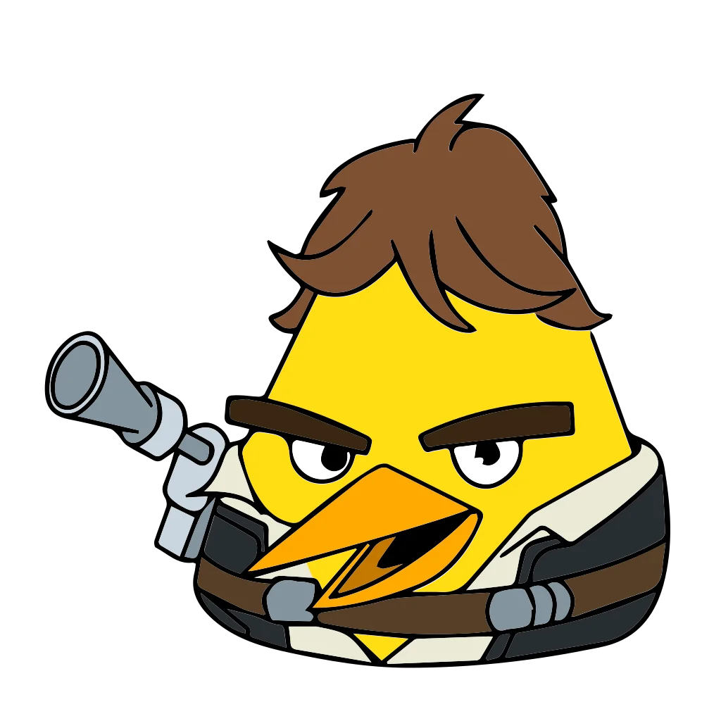 Yellow bird-like cartoon head with a dark visor, blue-grey suit and a small handheld prop.
