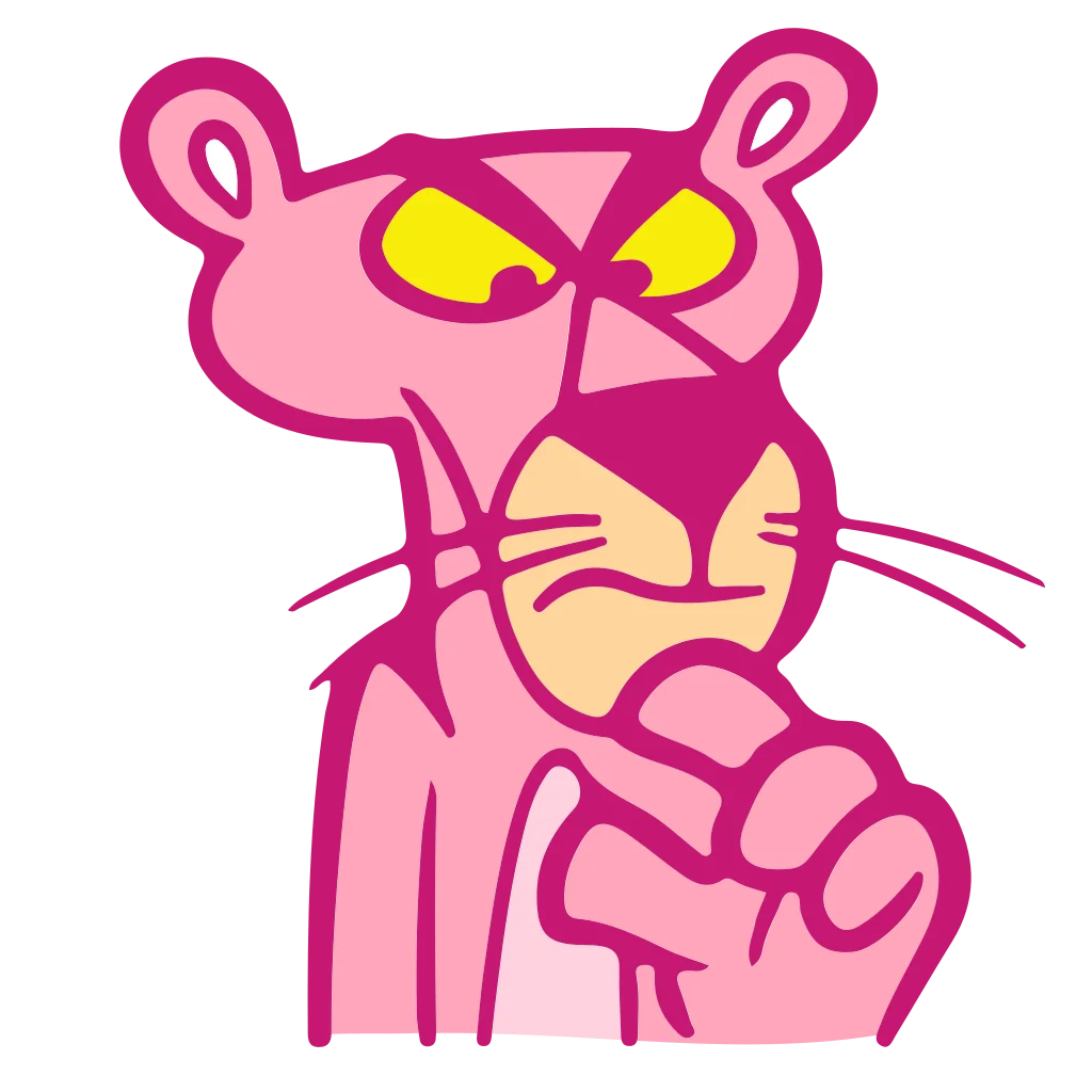 Large pink cartoon cat with narrowed eyes, whiskers and one paw pointing forward.