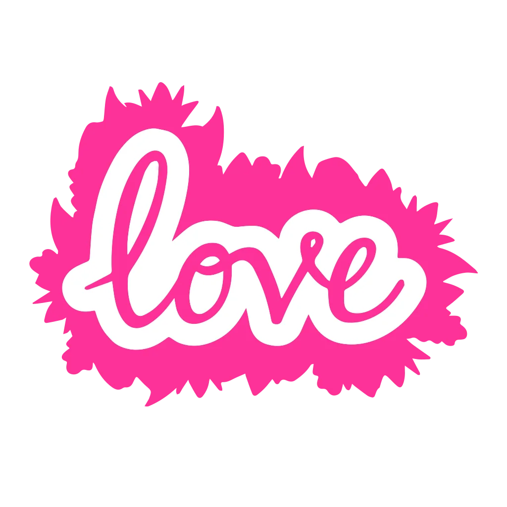White cursive “Love” lettering set inside a bright pink jagged-edged shape.
