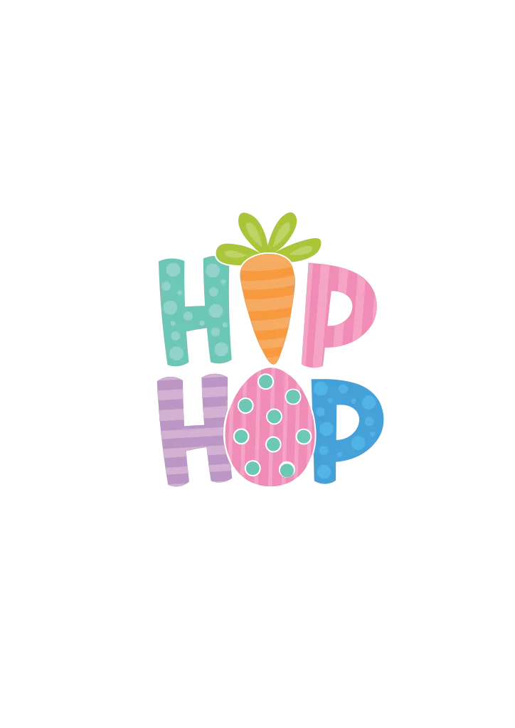 Pastel patterned “HOP HOP” lettering arranged in two rows, with an orange carrot and green leaves at the centre.