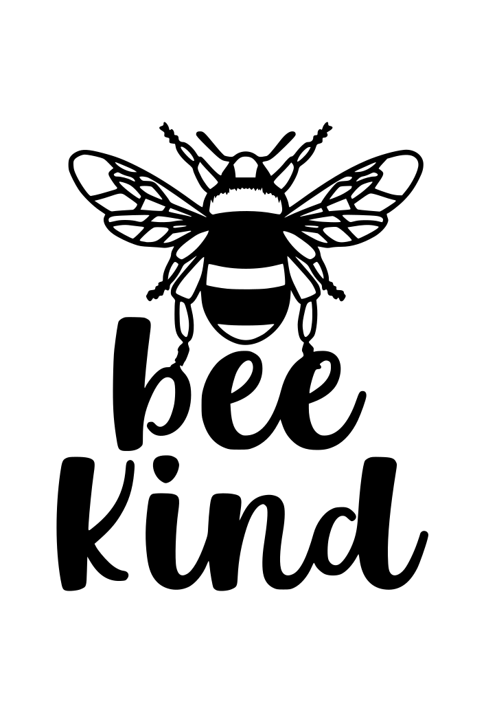 Black “Bee kind” lettering with a small detailed bee above it.