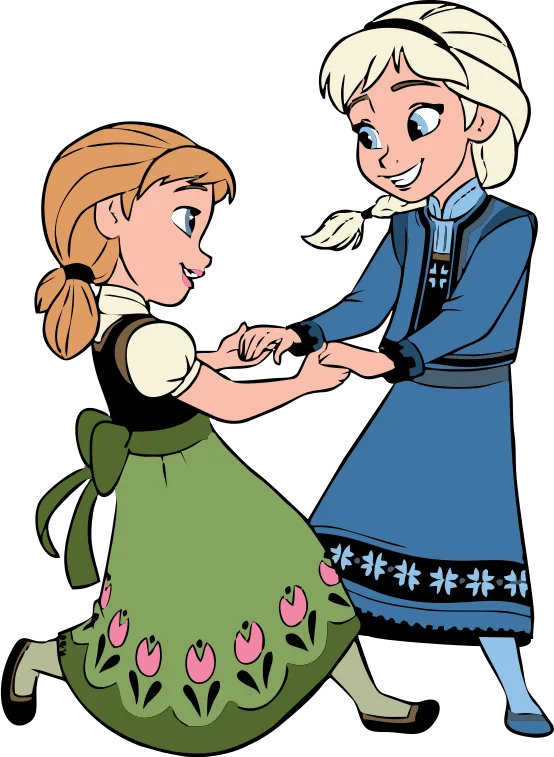 Two fairytale-style women in long green and blue gowns standing face to face.