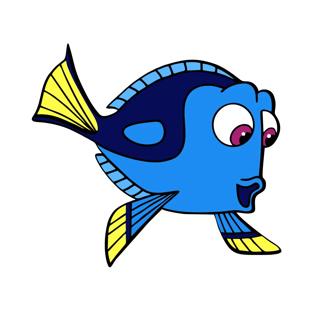 Bright blue cartoon fish with darker stripes and yellow fins and tail.