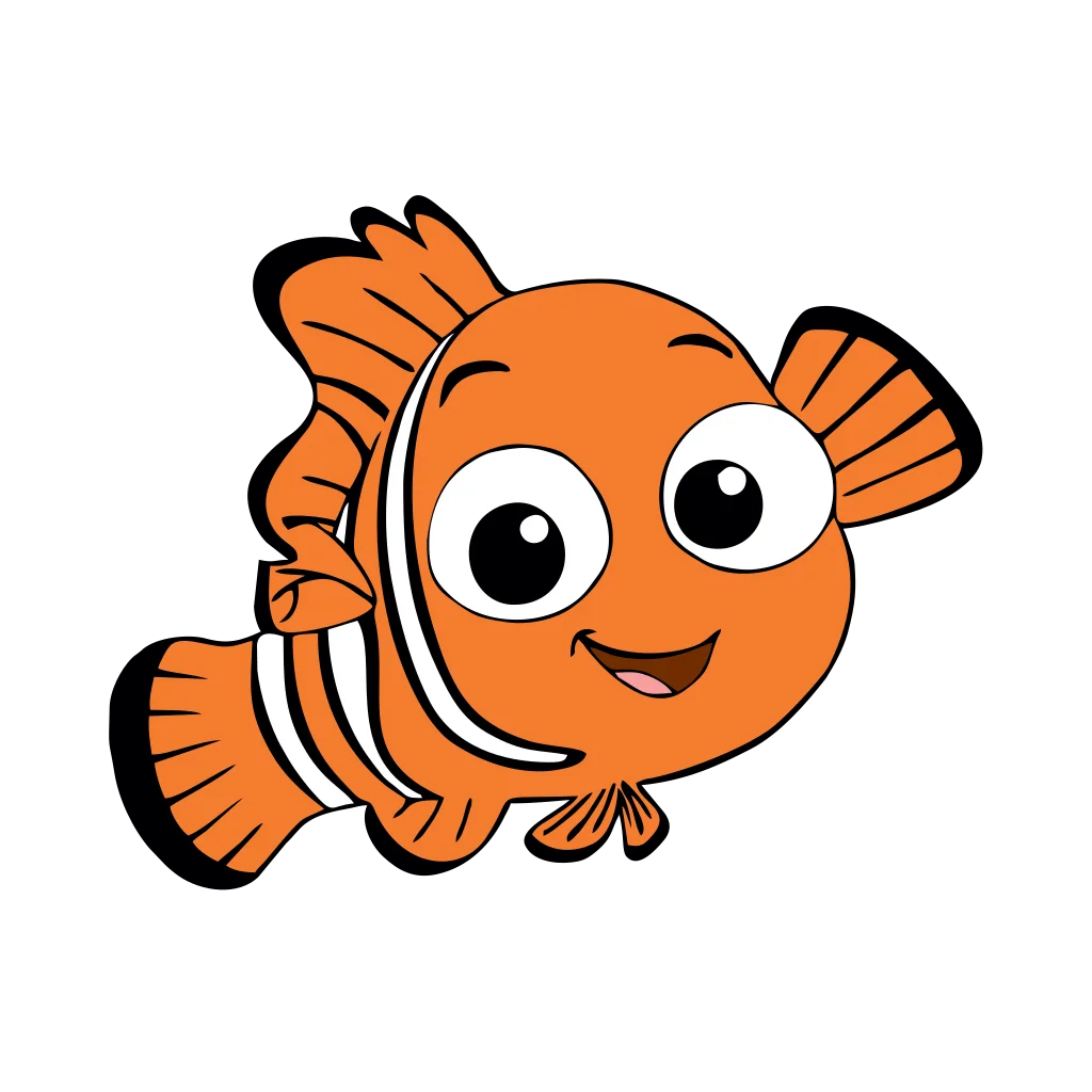 Small orange-and-white cartoon fish with large eyes and dark-edged fins.