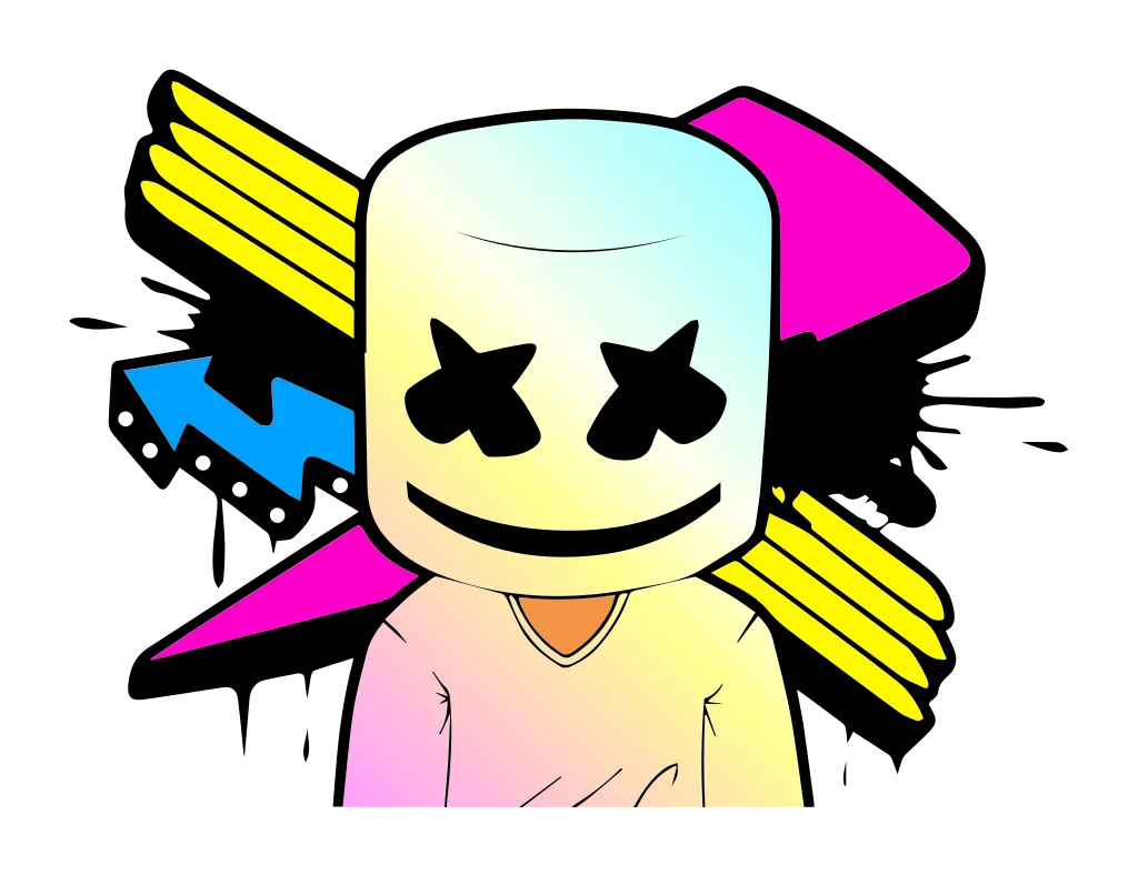 Colourful helmeted cartoon figure against angular pink, yellow, blue and black shapes.
