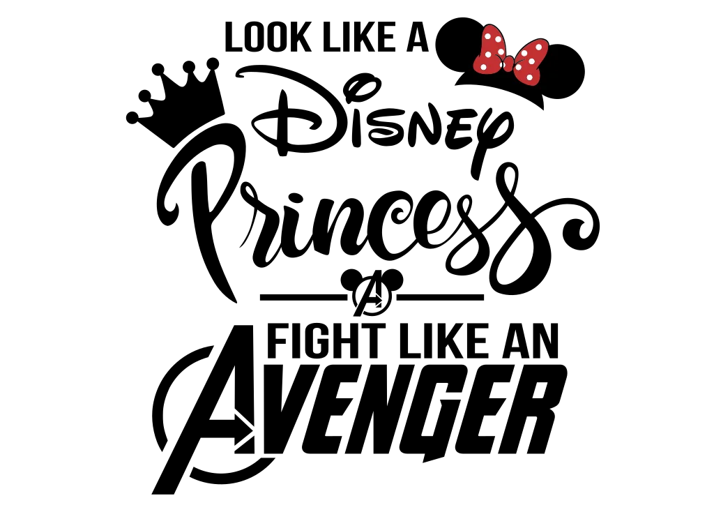 Black decorative lettering about princesses and heroes, with small crown and masked-face silhouettes.