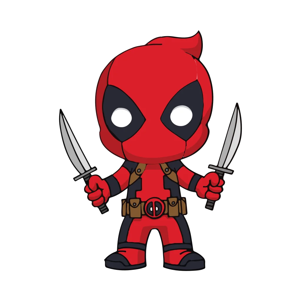 Small red-and-black masked cartoon figure holding a sword in each hand.