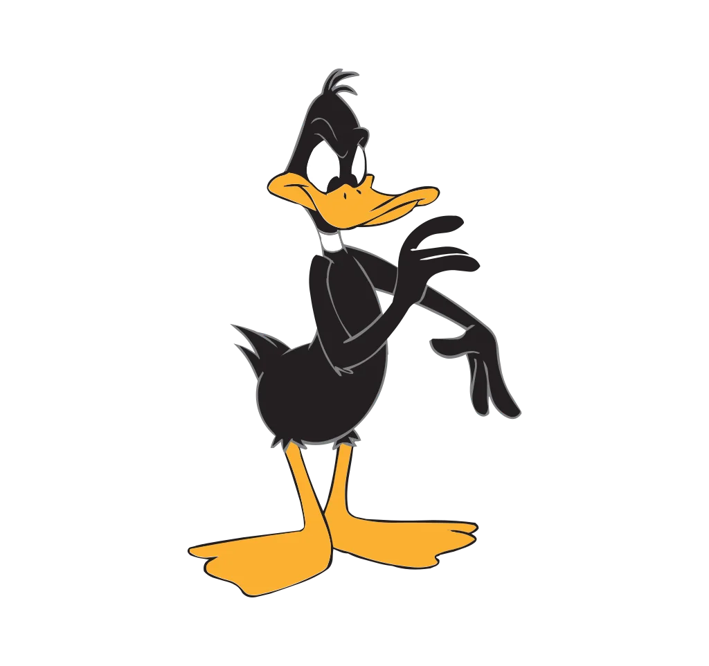 Black cartoon duck with an orange bill and feet, posed with one leg raised.