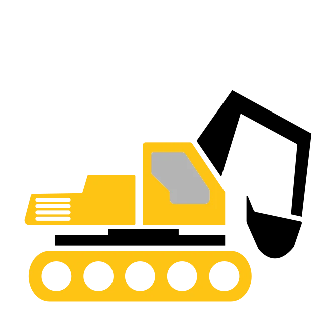 Flat yellow illustration of an excavator with a raised digging arm and dark tracks.