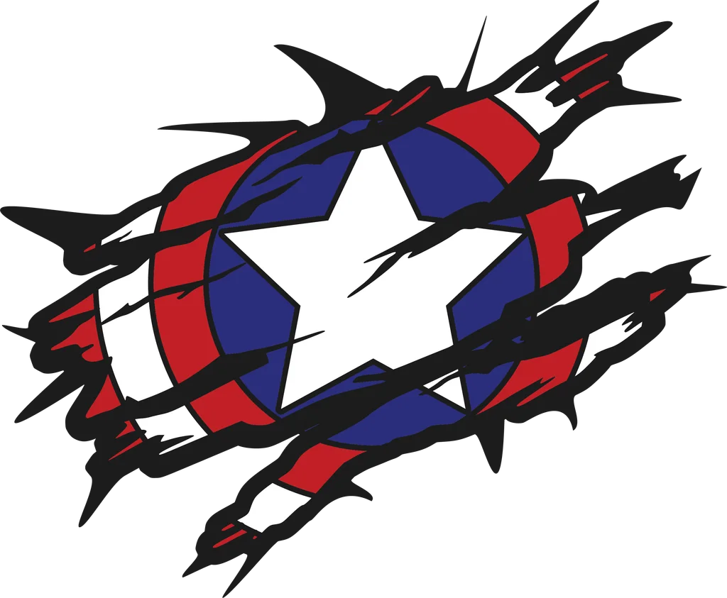 White star inside a blue shield shape, surrounded by jagged red, white and blue streaks.