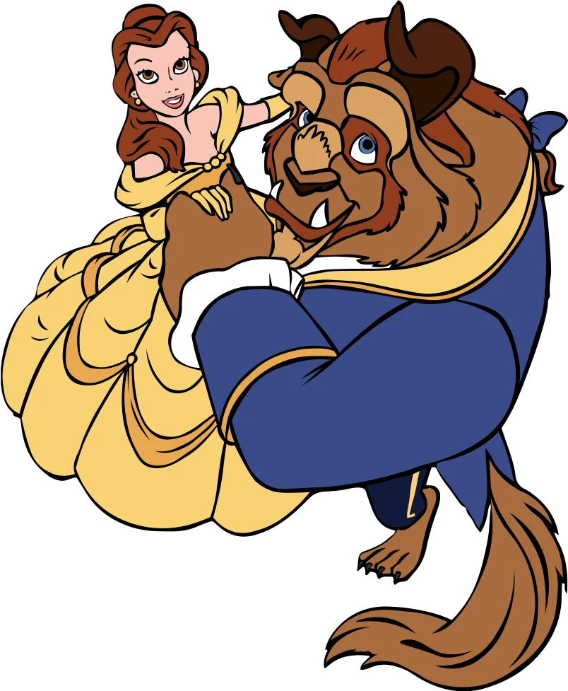 Blonde woman in a yellow ballgown embracing a tall brown furry figure in a blue coat.