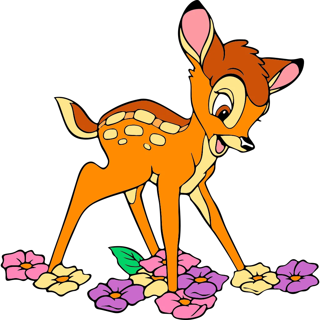 Small orange-brown fawn standing among pink flowers and green leaves.