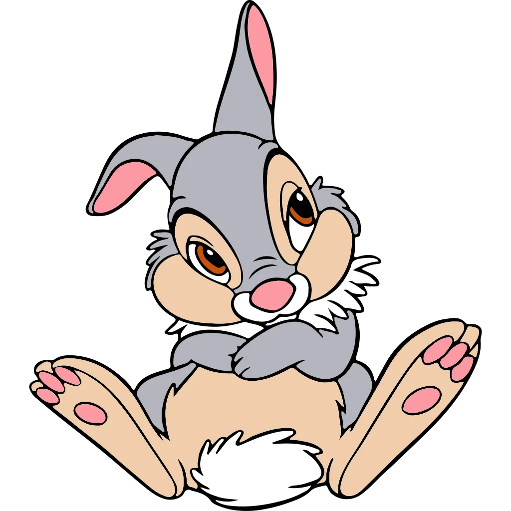 Grey cartoon rabbit with long pink-lined ears, a white belly and outstretched paws.