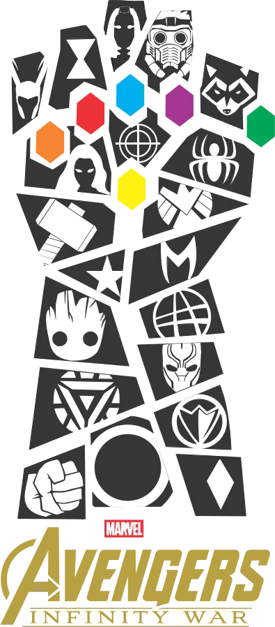 Narrow black-and-white collage of illustrated characters and symbols with gold lettering at the bottom.