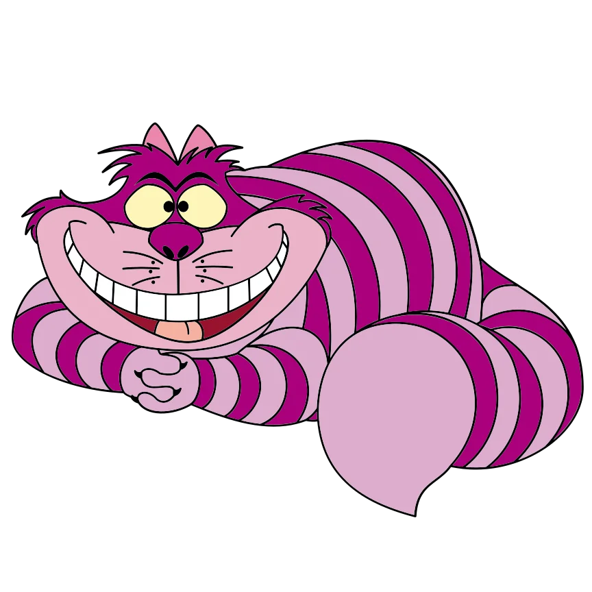 Purple-and-pink striped cartoon cat sitting with a wide toothy grin.