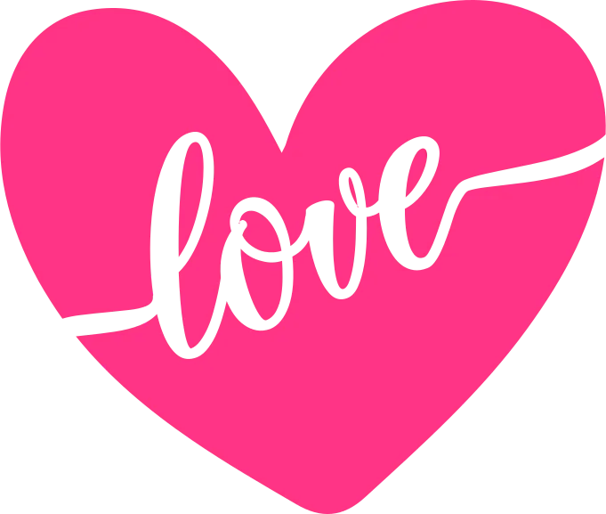 Bright pink heart shape with large white cursive “Love” lettering across its center.