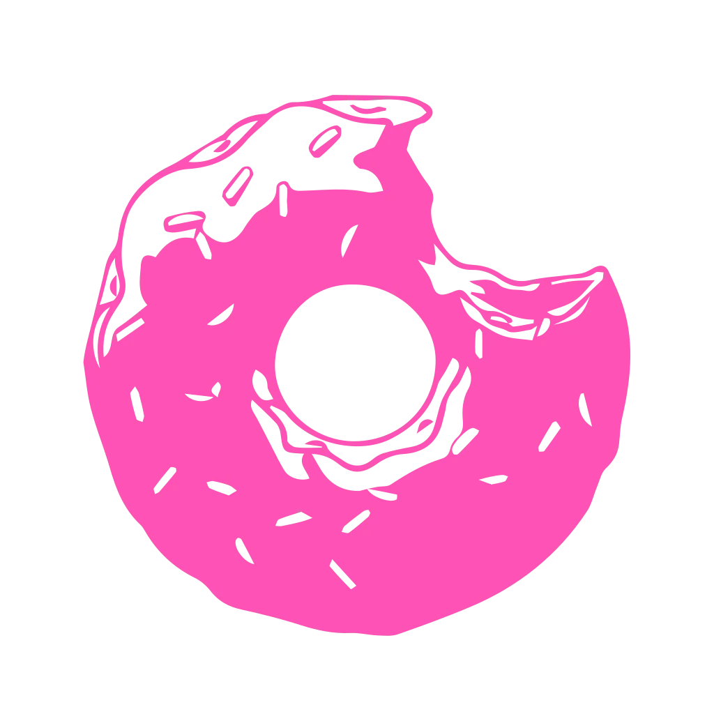 Pink doughnut ring with a central hole, pale sprinkle-like marks and curved icing details.