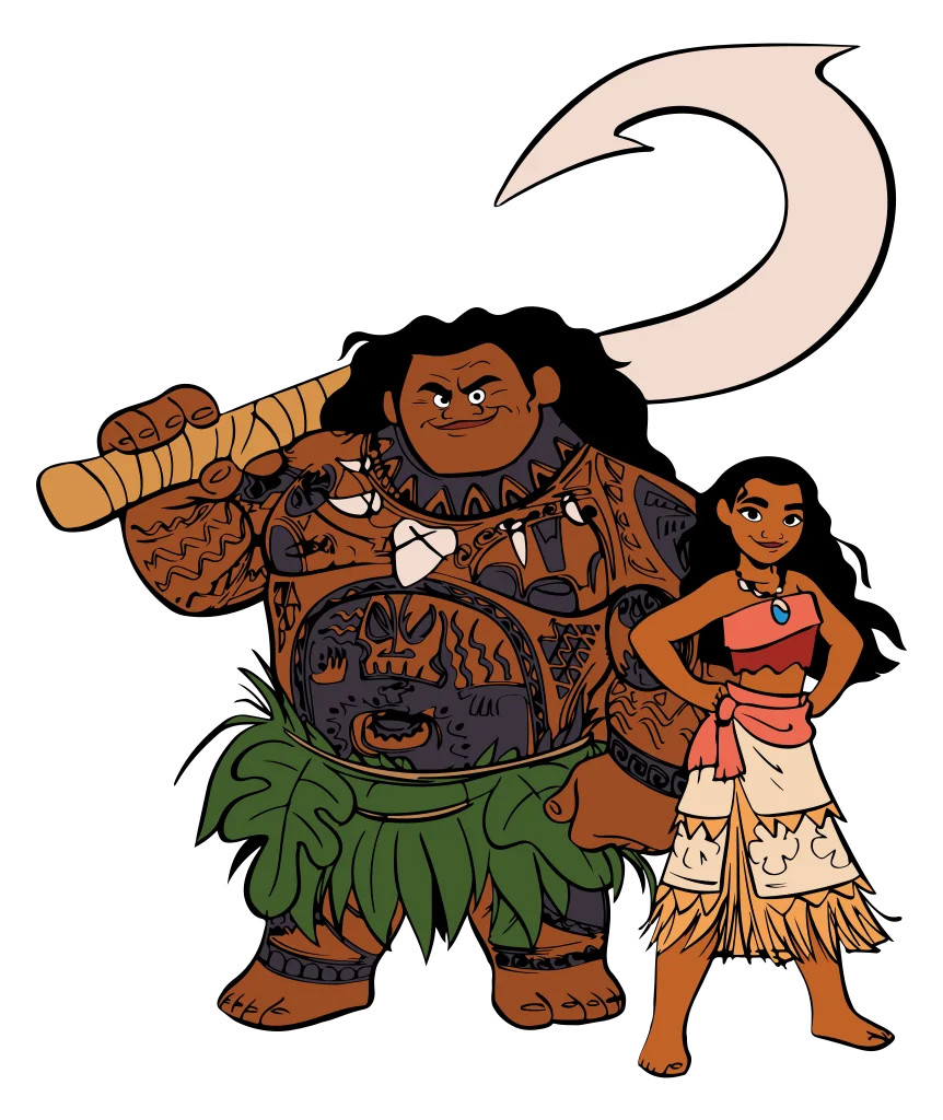 Maui and Moana standing together with a large curved hook, patterned clothing, a pale crescent and tropical leaves.