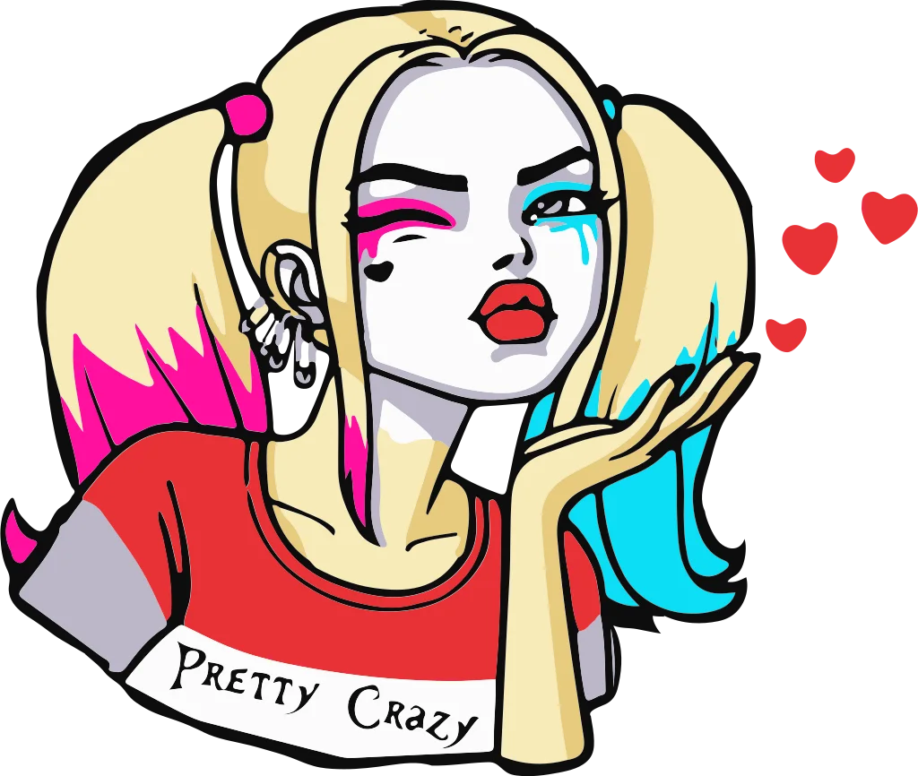 Stylized blonde cartoon woman with pink-and-blue pigtails and face makeup, blowing a kiss beside red hearts; her shirt reads “Pretty Crazy.”