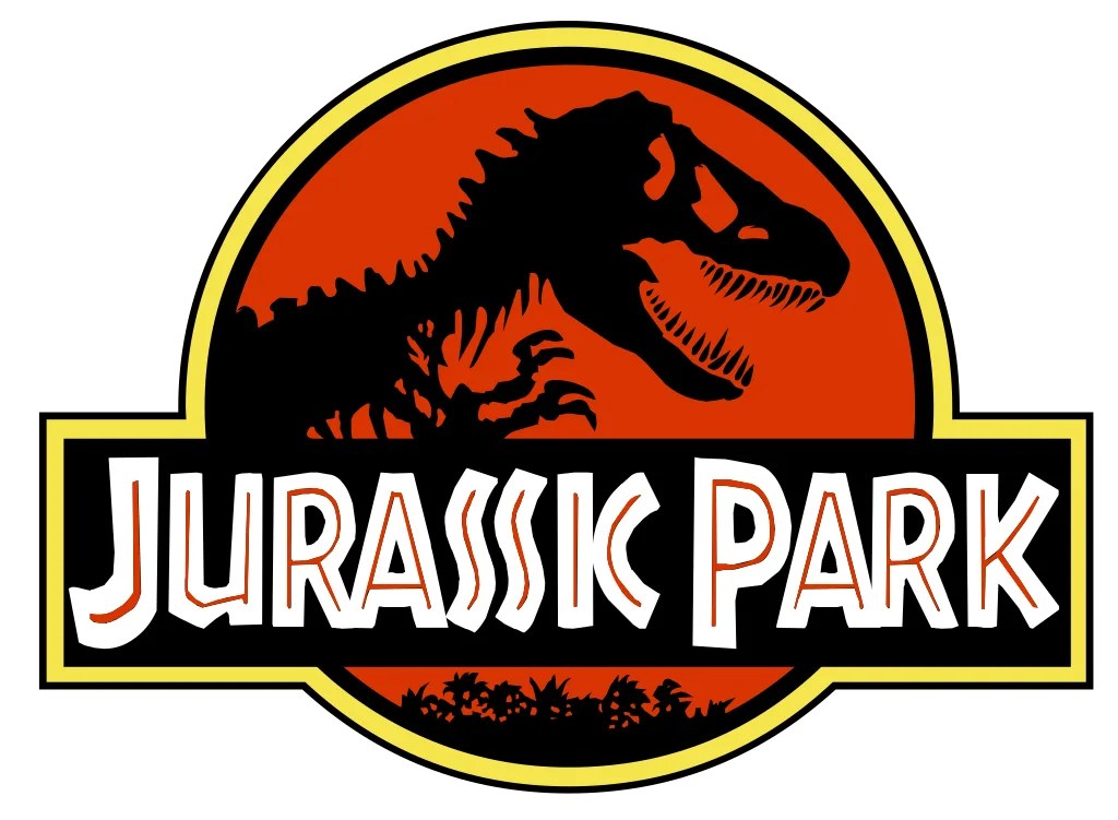 Black dinosaur silhouette inside an orange-red circle above a “Jurassic Park” wordmark with a yellow and black outline.